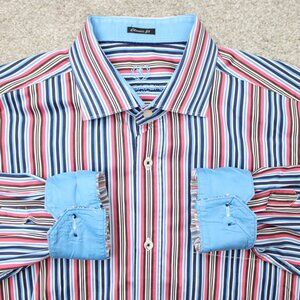 Bugatchi Uomo‎ Shirt Mens XL Pink/Blue Flip Cuff Classic Fit Cotton Long Sleeve